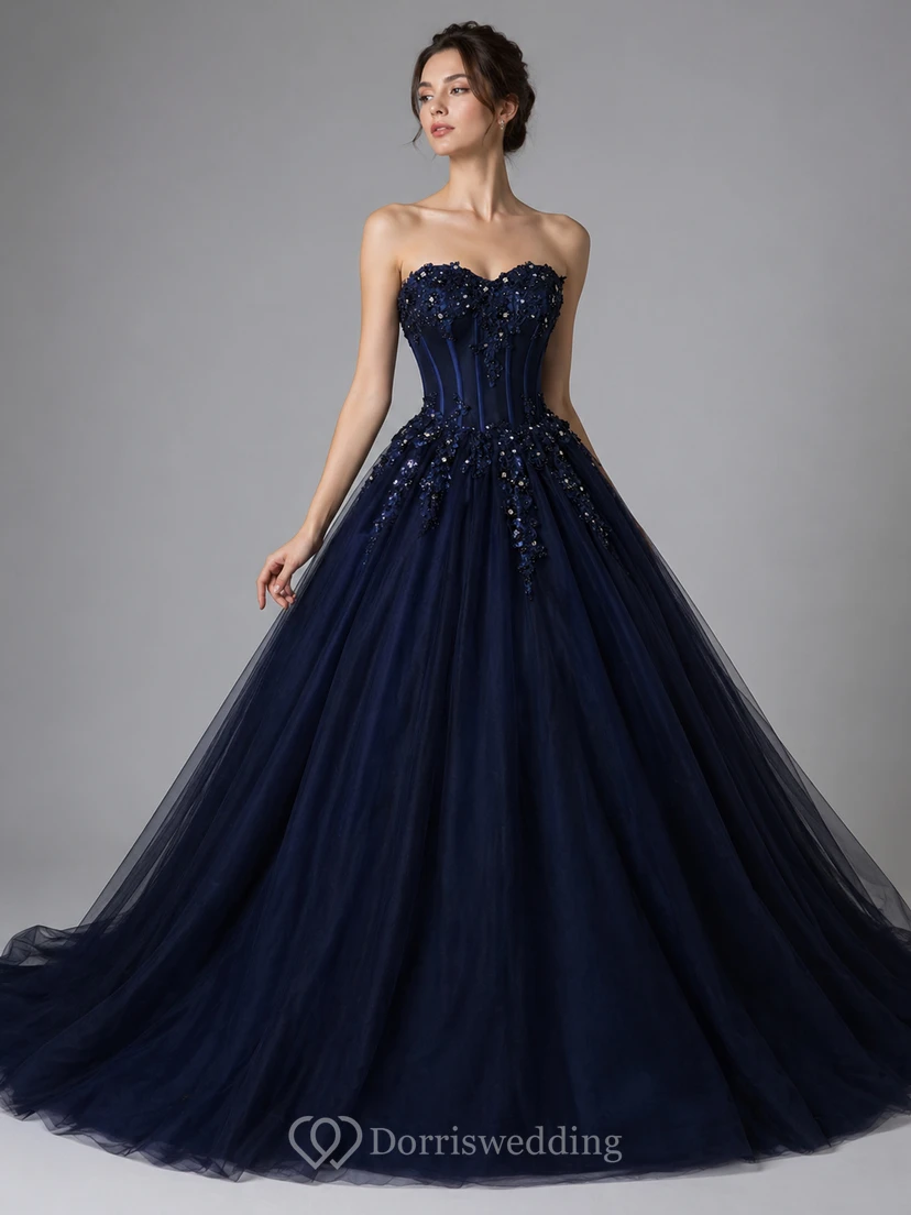 Luxuriöses, marineblaues, trägerloses Ballkleid mit Spitzenapplikationen für formelle Anlässe wie Abschlussball oder Gala view 10