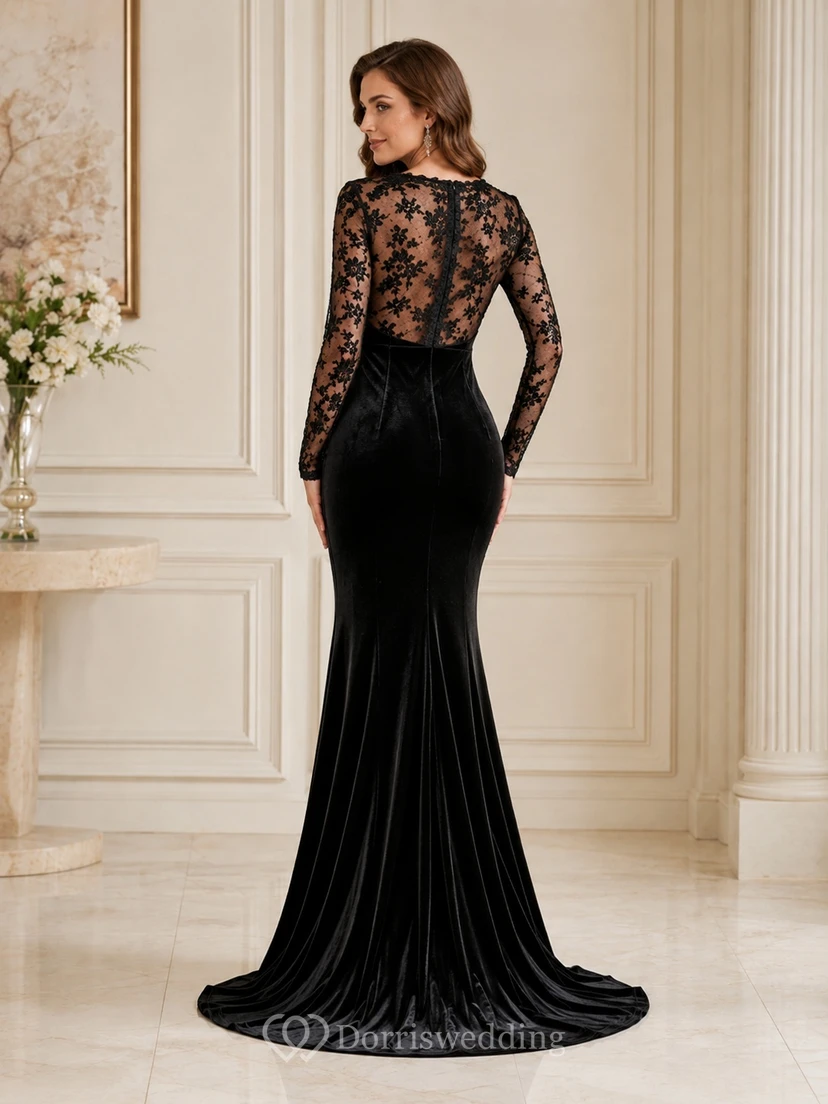 Black Velvet Lace High Neck Long Sleeve Mermaid Floor-length Sweep Train Evening Gown view 2