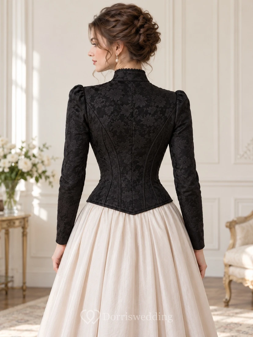 Corset victorien vintage noir modeste à col montant et manches longues, ajusté view 2