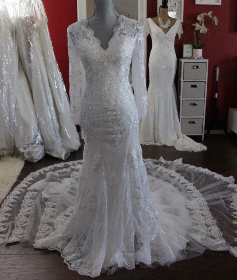 Mermaid Lace V-Neck Bridal Dress With Illusion Back view 3
