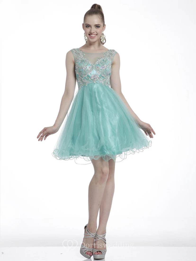 A-Linien-Kleid mit langem U-Boot-Ausschnitt, ärmellos, aus Tüll-Satin mit Illusionseffekt, Perlenstickerei und Rüschen view 4