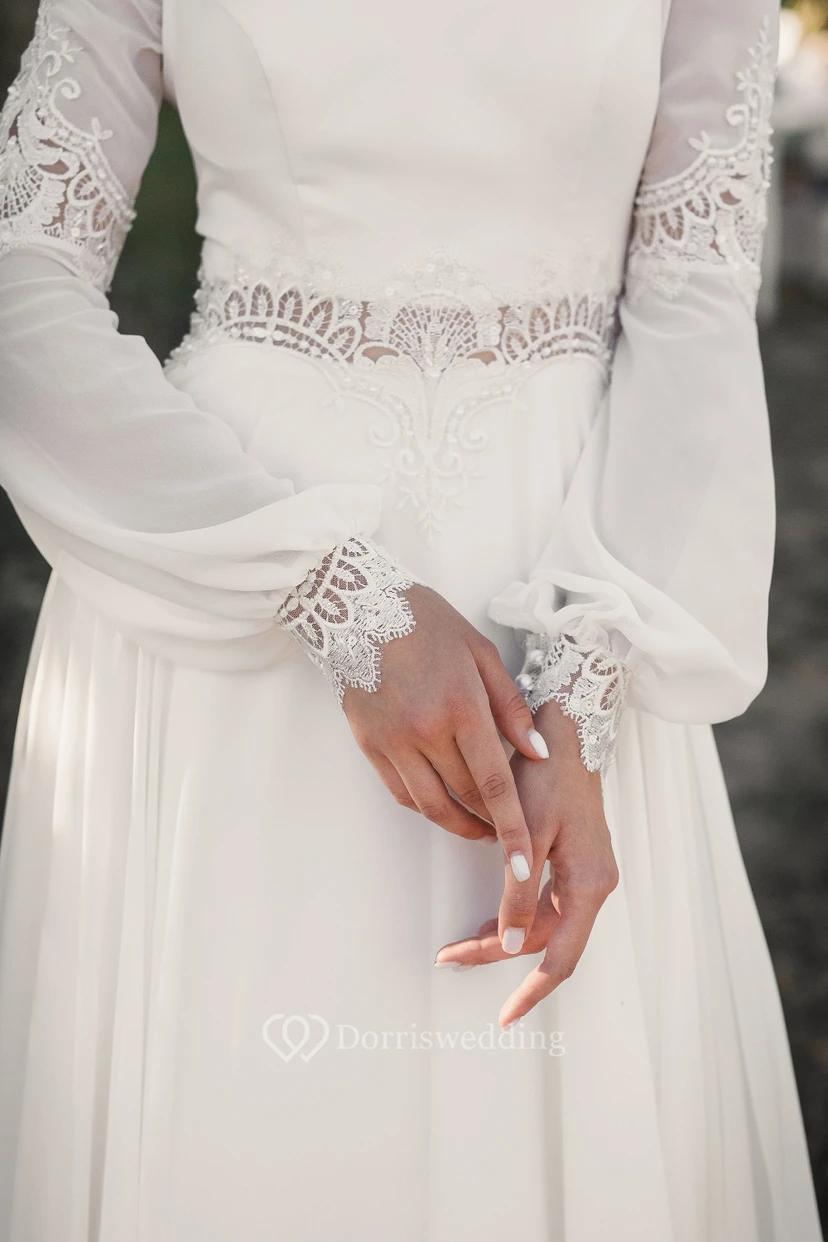 Schlichtes, langärmeliges Boho-Chiffon-Hochzeitskleid mit Rundhalsausschnitt und Chiffon-Muster, elegant für den Landhaus view 8