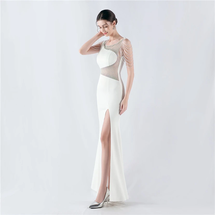 Heavy Hot Diamonds For Transparent Mesh High-Slit Satin Evening Dress Annual Meeting Wedding view 43