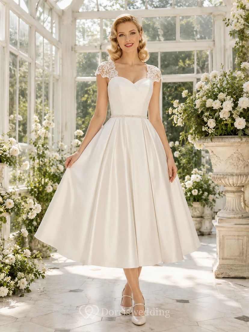 Vestido de novia vintage de satén con escote corazón, largo hasta la rodilla y mangas cortas de encaje, ideal para bodas al aire libre.