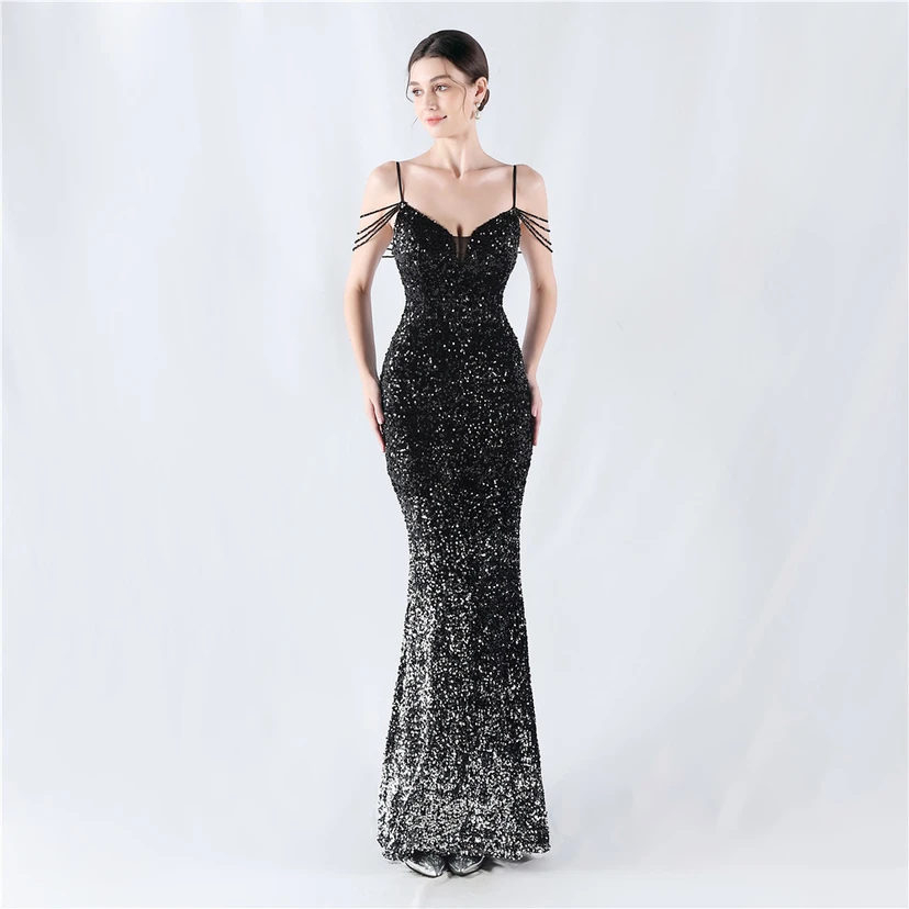 Velvet-Bottom Gradient Sequined Sexy Beaded Suspender Evening Dress view 31