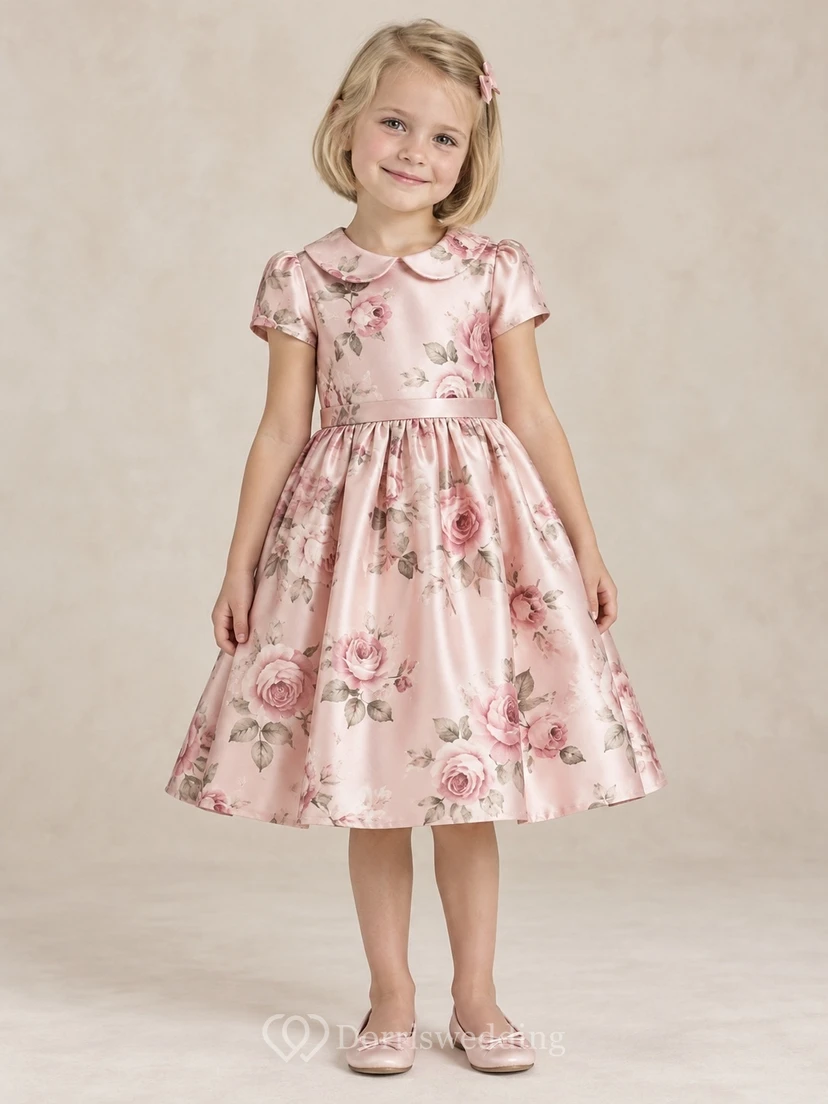 Vintage Tea-length Blush Floral Collared Short Sleeve Satin Flower Girl Dress