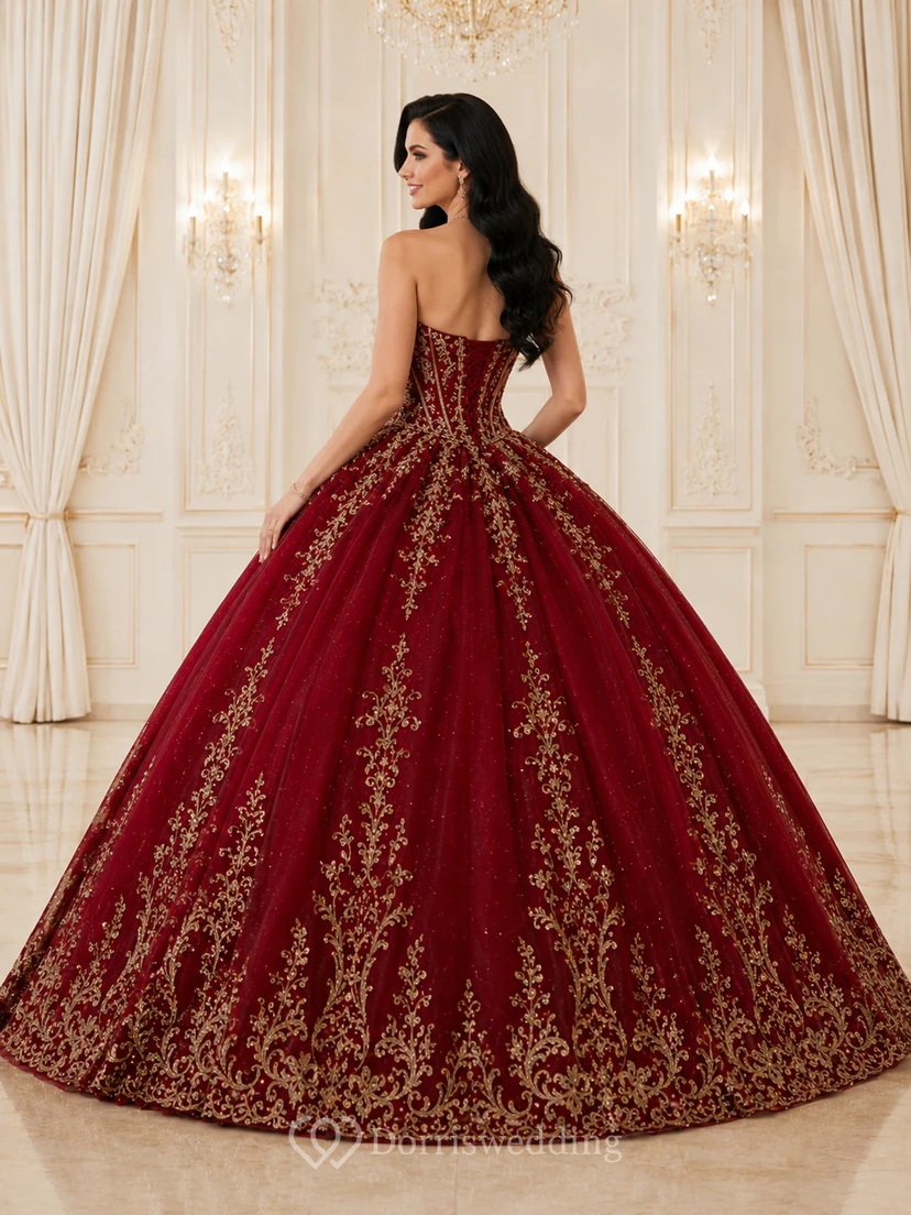 Gilded Court Burgundy Ball Gown Floor-Length Strapless Sleeveless Tulle Luxury Prom Dress view 2