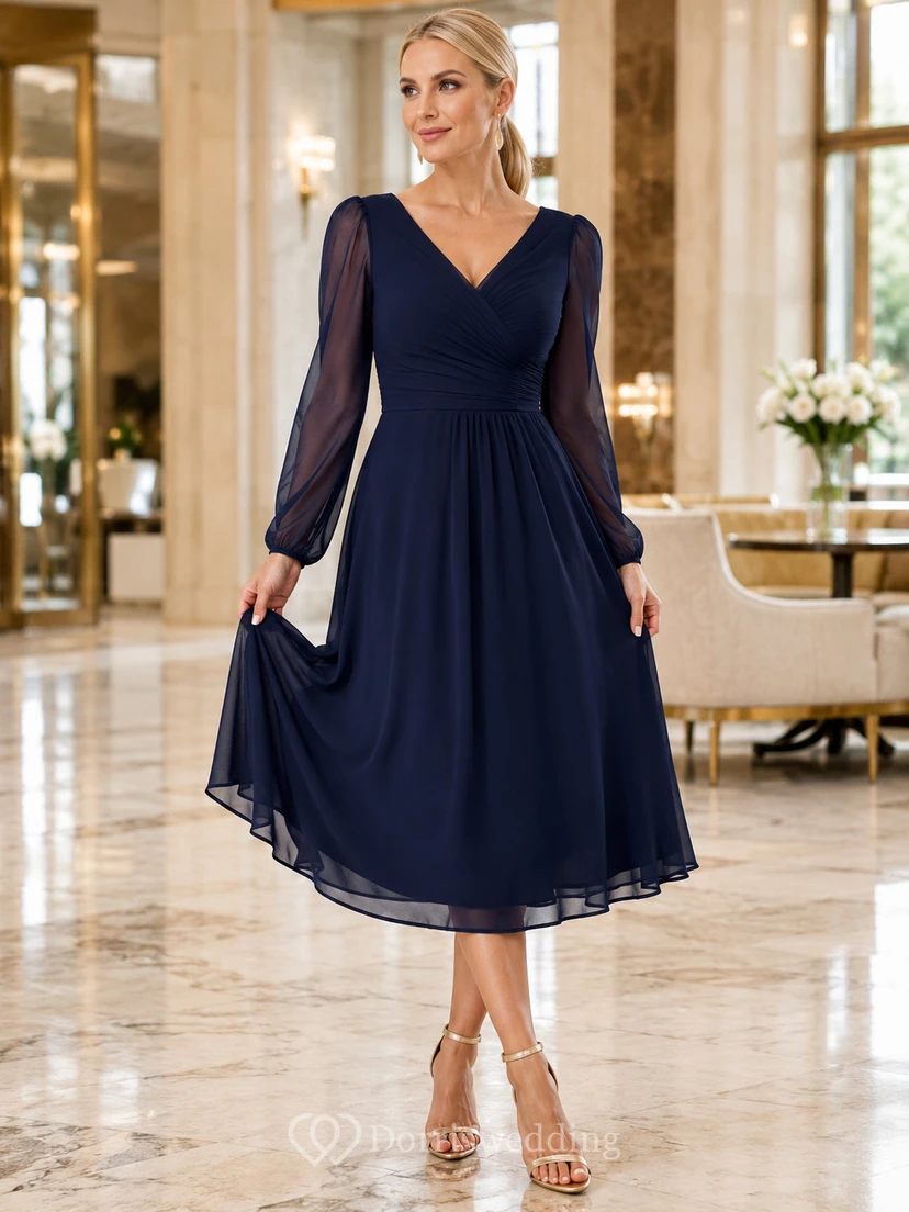 Dark Navy Mesh Sleeve Chiffon Midi Dress