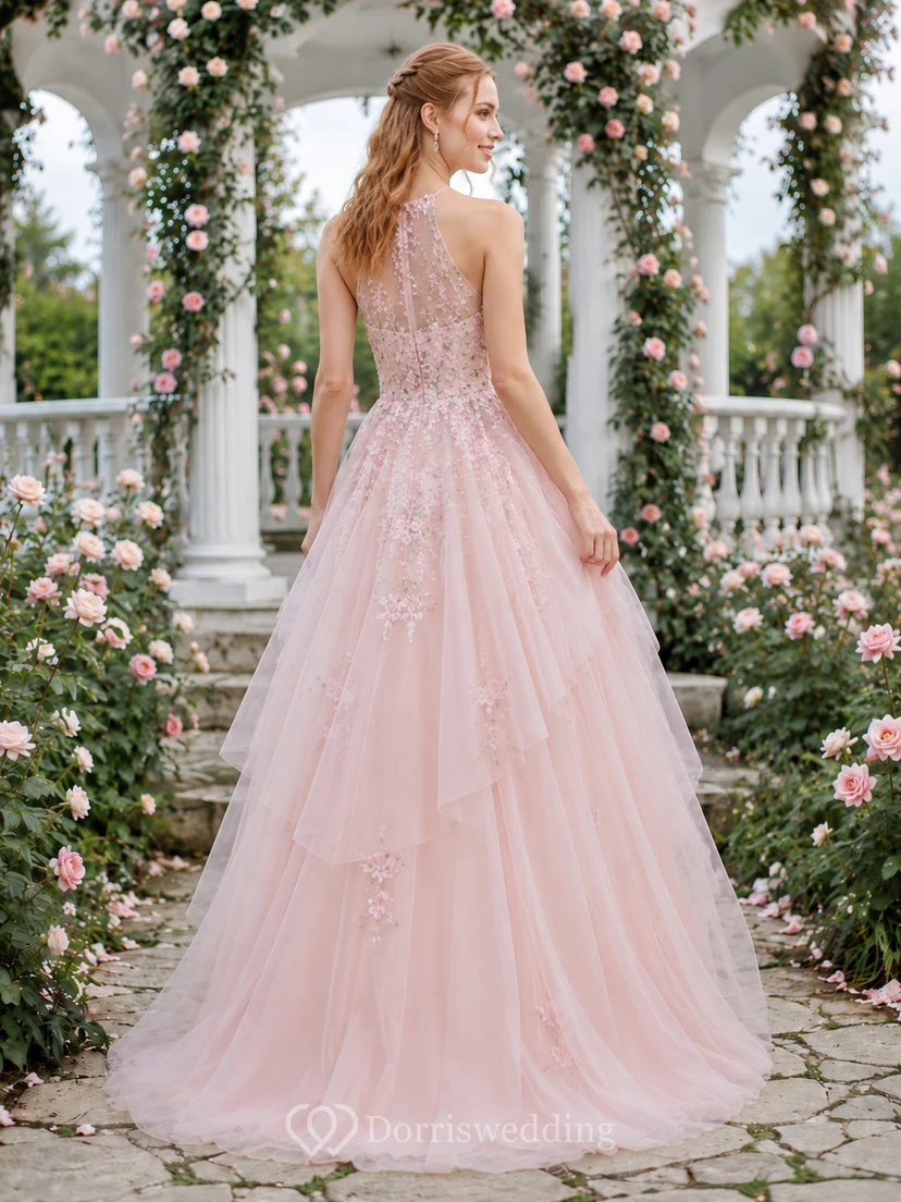 Pink Floral Strapless Tiered Tulle Garden Wedding Gown view 2