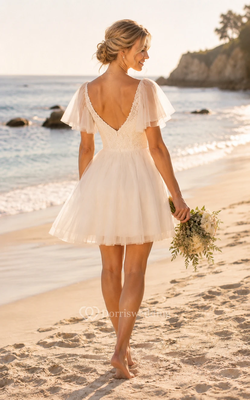 Ivory Short/Mini V-neck Tulle A-line Wedding Dress with Lace view 2