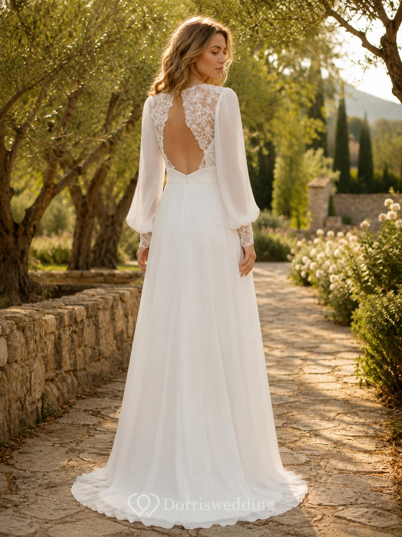 Langärmeliges Chiffon-Brautkleid in A-Linie mit offenem Rücken aus Spitze view 2