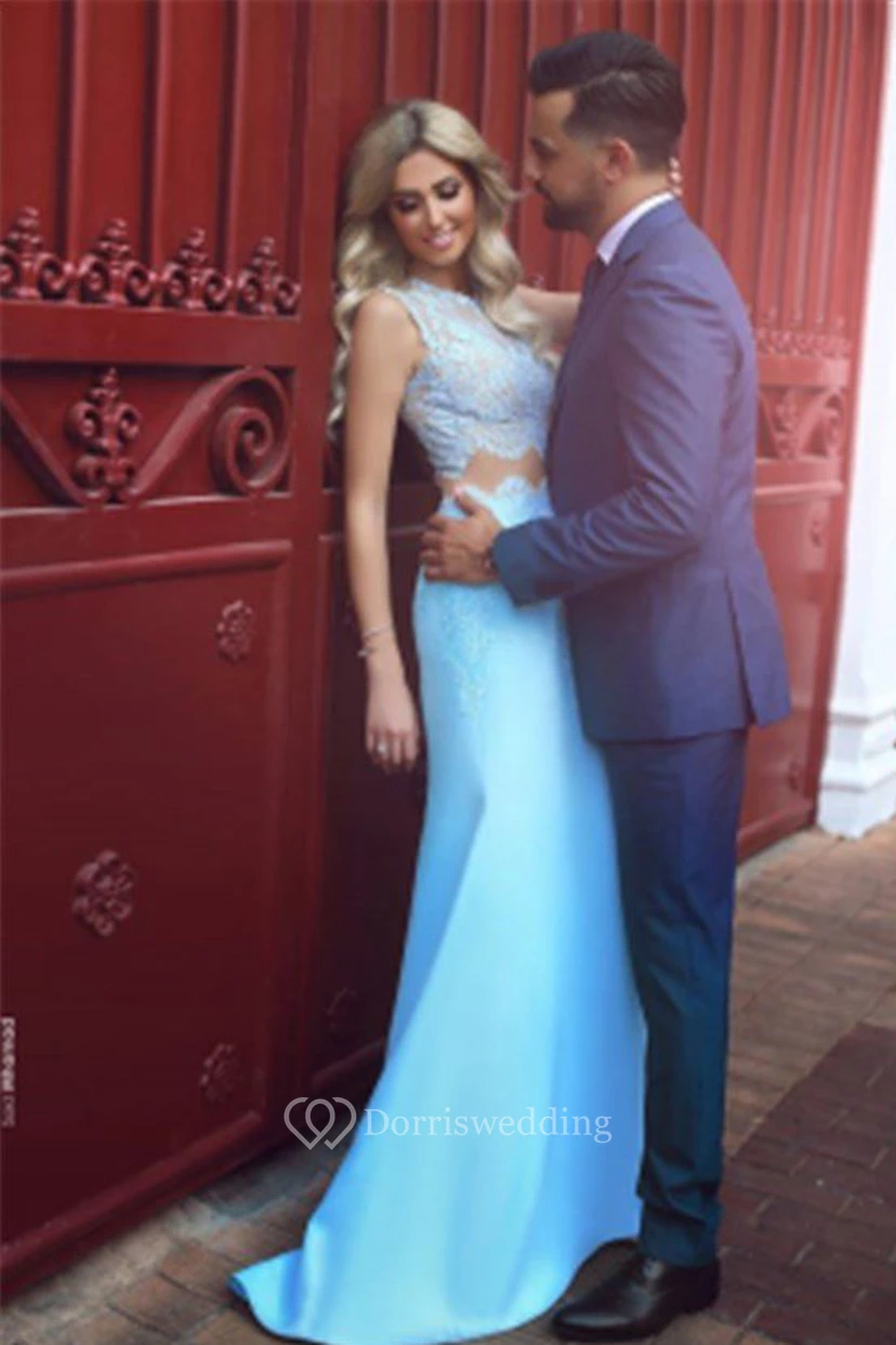 Mermaid Trumpet Satin Lace Jewel Sleeveless Zipper Illusion Dress view 2