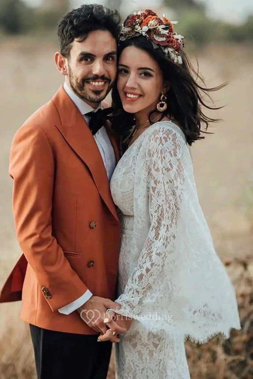 Boho-Hochzeitskleid aus Spitze mit tiefem V-Ausschnitt am Rücken, Poetenärmeln und Empire-Stil im Hippie-Stil view 3
