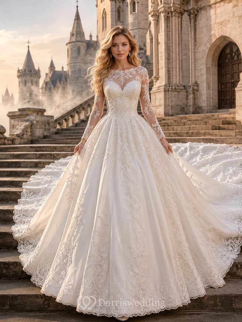 Robe de mariée en dentelle et tulle, robe de bal, bustier cœur, manches longues, traîne, dos nu en V