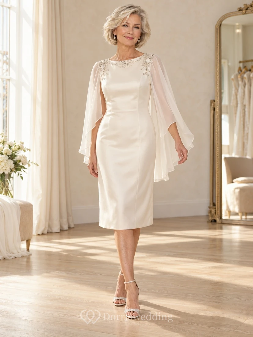Vestido de novia de satén de corte recto hasta la rodilla, discreto, para novias mayores, con mangas tipo capa de gasa.