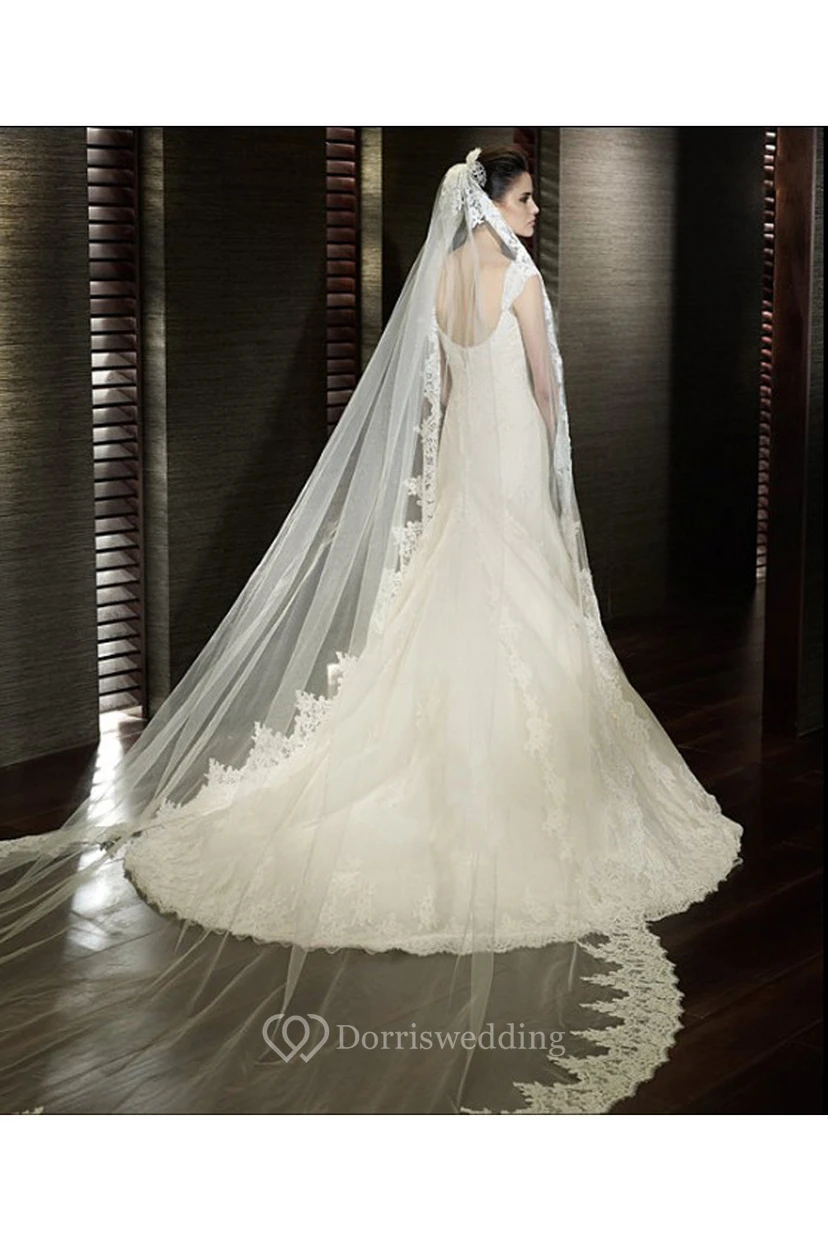 Long Soft Tulle Bridal Veil with Lace Appliques