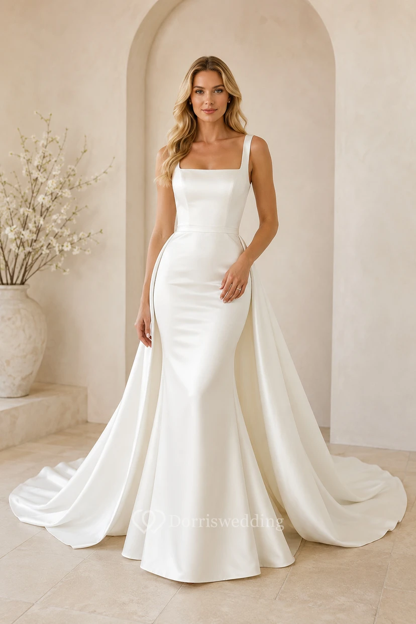 Robe de mariée sirène en satin, bustier cœur, traîne