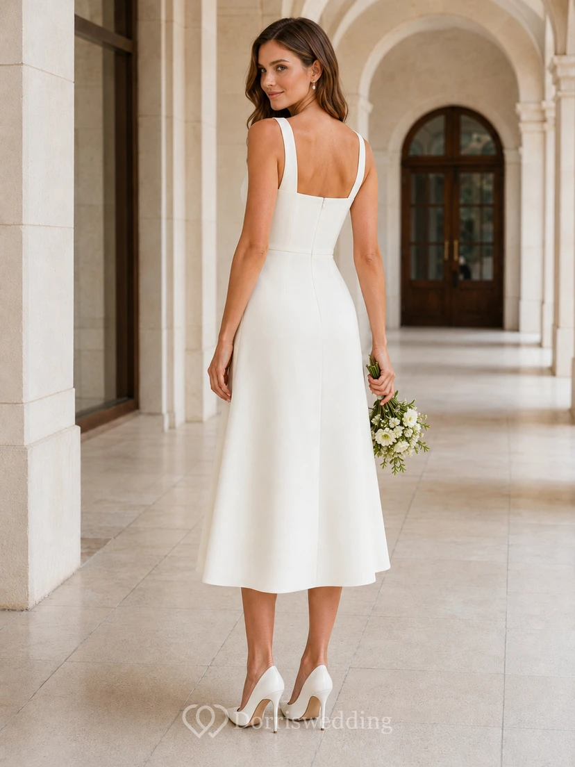 Robe de mariée civile en satin, coupe trapèze, longueur thé, bretelles carrées simples view 2