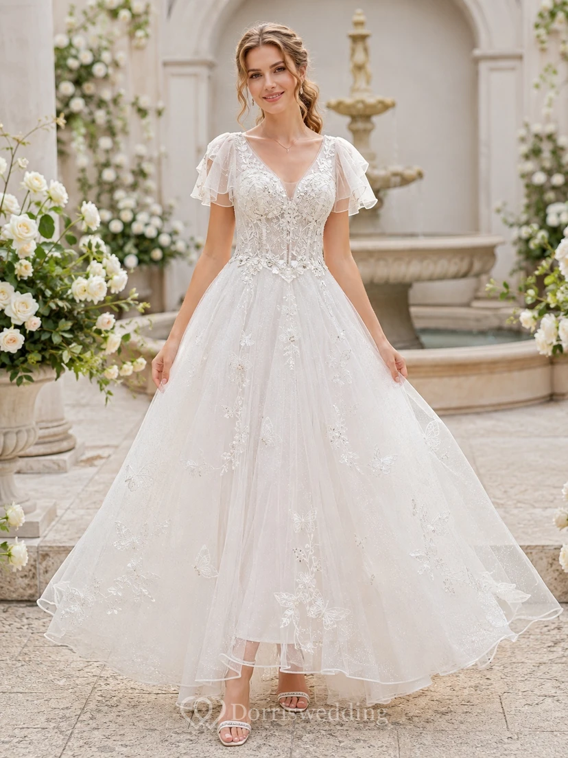 Fairy Wedding A-Line Lace Tulle V-Neck Flutter Sleeve Floral Applique Ankle-Length Dress