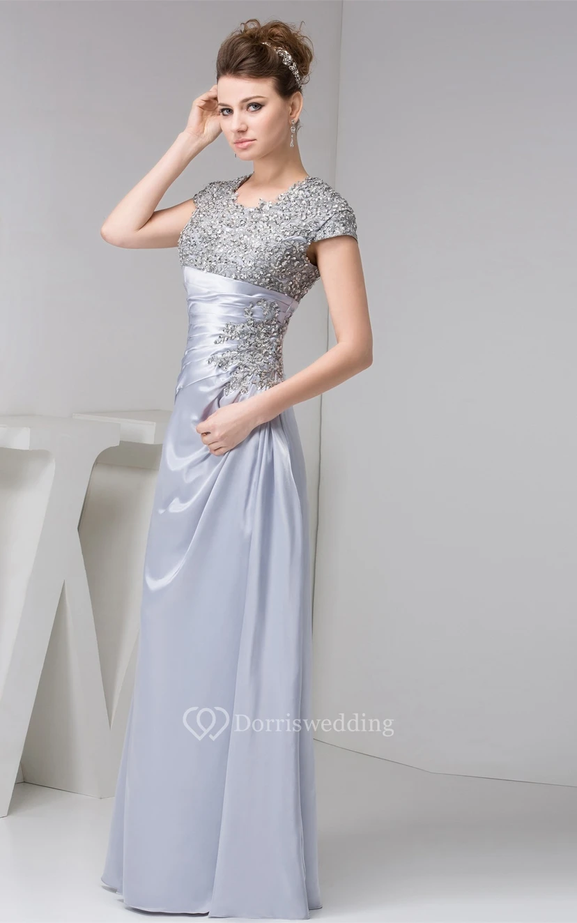 Caped-Sleeve Sheath Ruched Appliques and Dress With Jewels view 4
