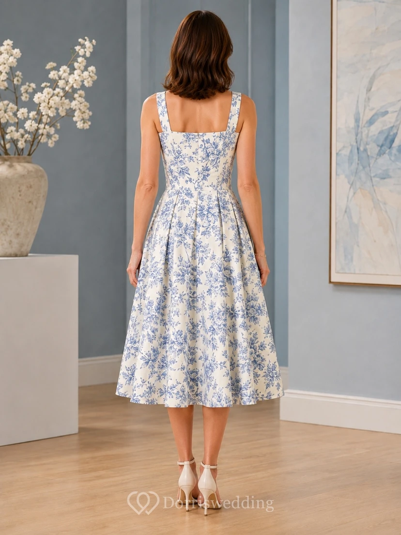 White Casual Romantic Square Sleeveless Chiffon Floral A-Line Tea-Length Formal Dress view 2