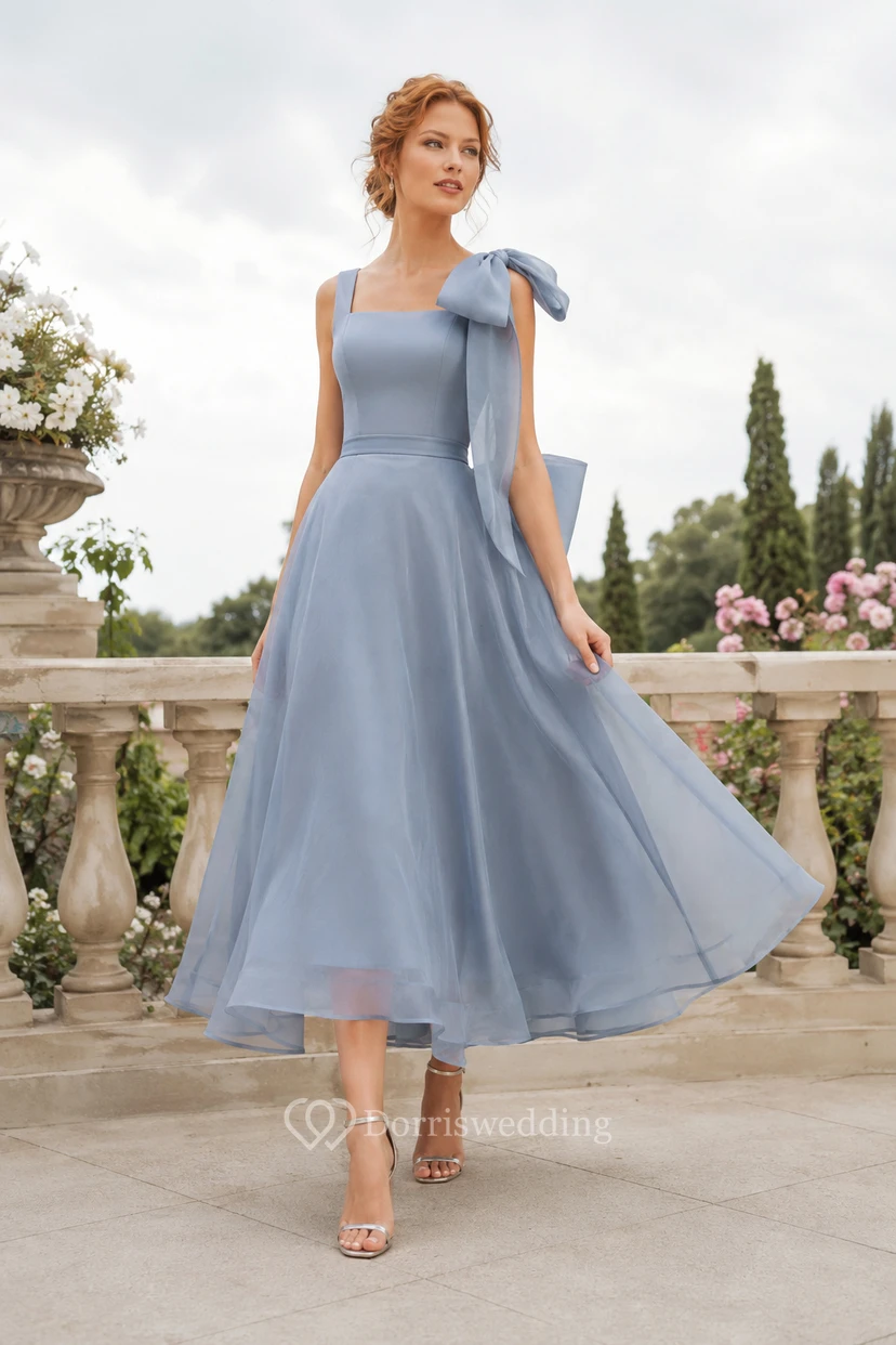 Steel Blue Tulle Tea-Length A-Line Dress with Bow Back