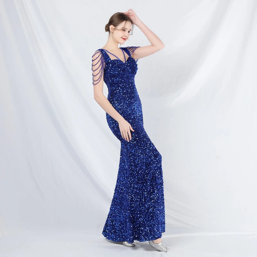 Ladies And Celebrities Formal Occasions Velvet-Bottomed Hand-Beaded Long Evening Dress view 30