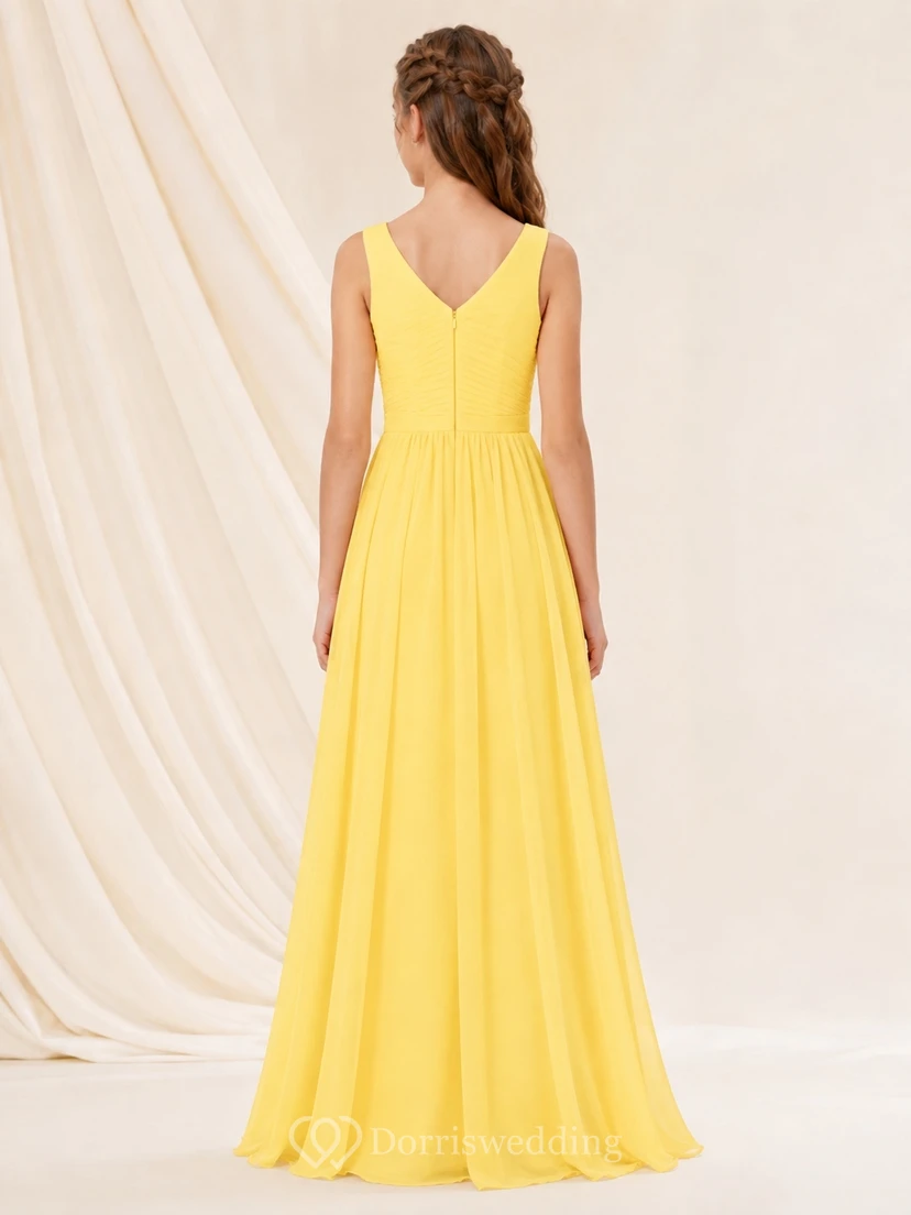 Vestido de dama de honor juvenil Daffodil, corte en A, sin mangas, plisado, sencillo. view 2