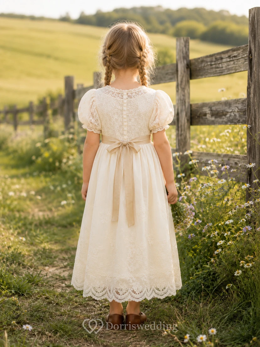 Flower Girl Dress Ivory Lace Tulle A-Line Short Sleeve Scoop Neck Tea Length view 2