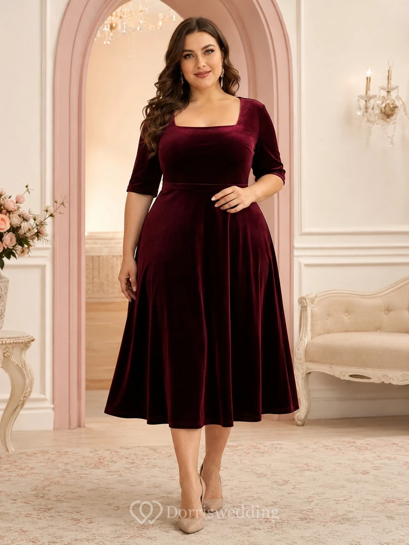 Vestido de cóctel de terciopelo burdeos de talla grande con cuello cuadrado, manga corta y corte en A, largo hasta la rodilla