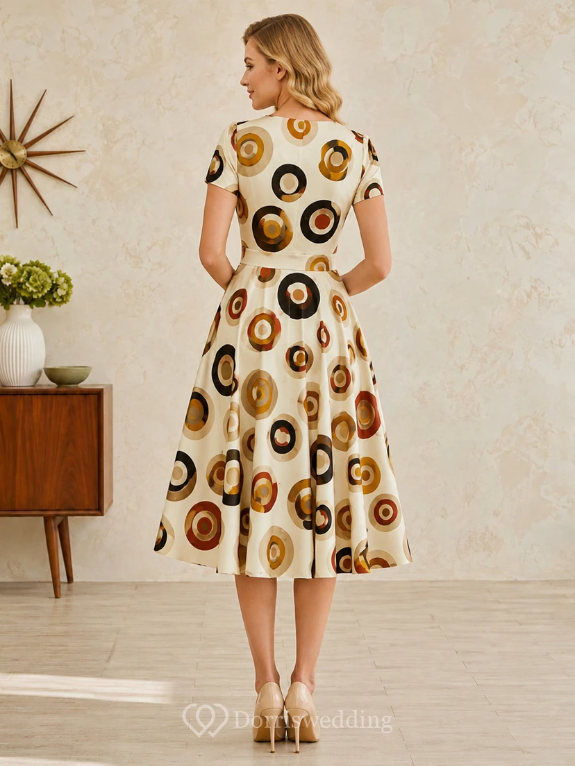 Vestido midi retro de manga corta con estampado de círculos color crema view 2