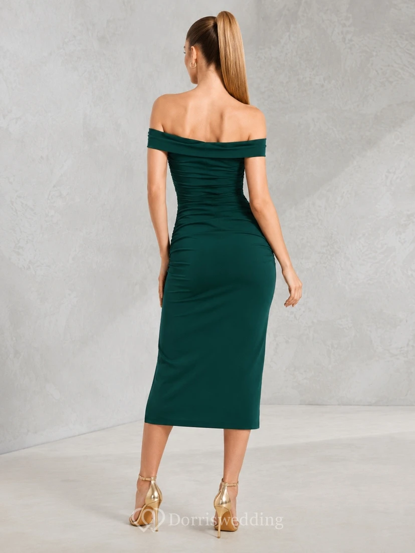 Emerald Off Shoulder Short Sleeve Slit Jersey Midi Dress view 2