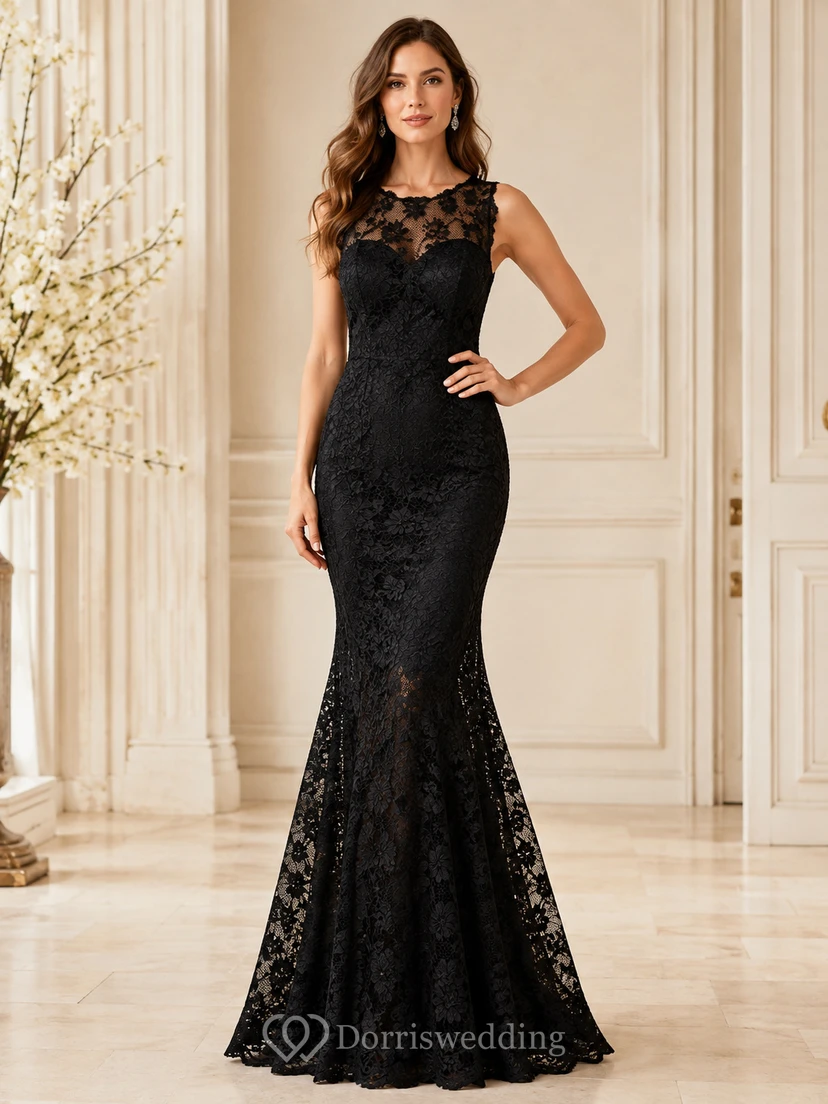 Vestido de noche formal largo hasta el suelo, sin mangas, con escote barco y encaje floral negro, estilo sirena.