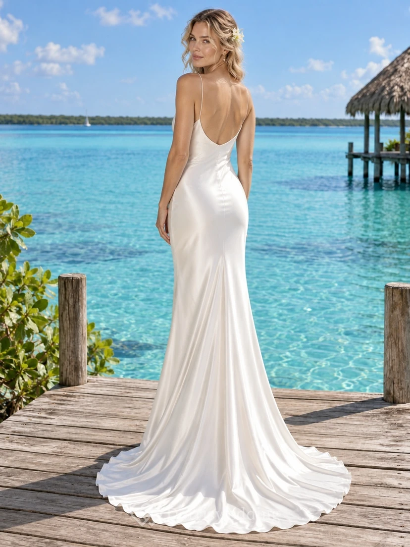 Simple Mermaid Cowl Neck Charmeuse Wedding Dress with Thin Straps and Sweep Train view 2