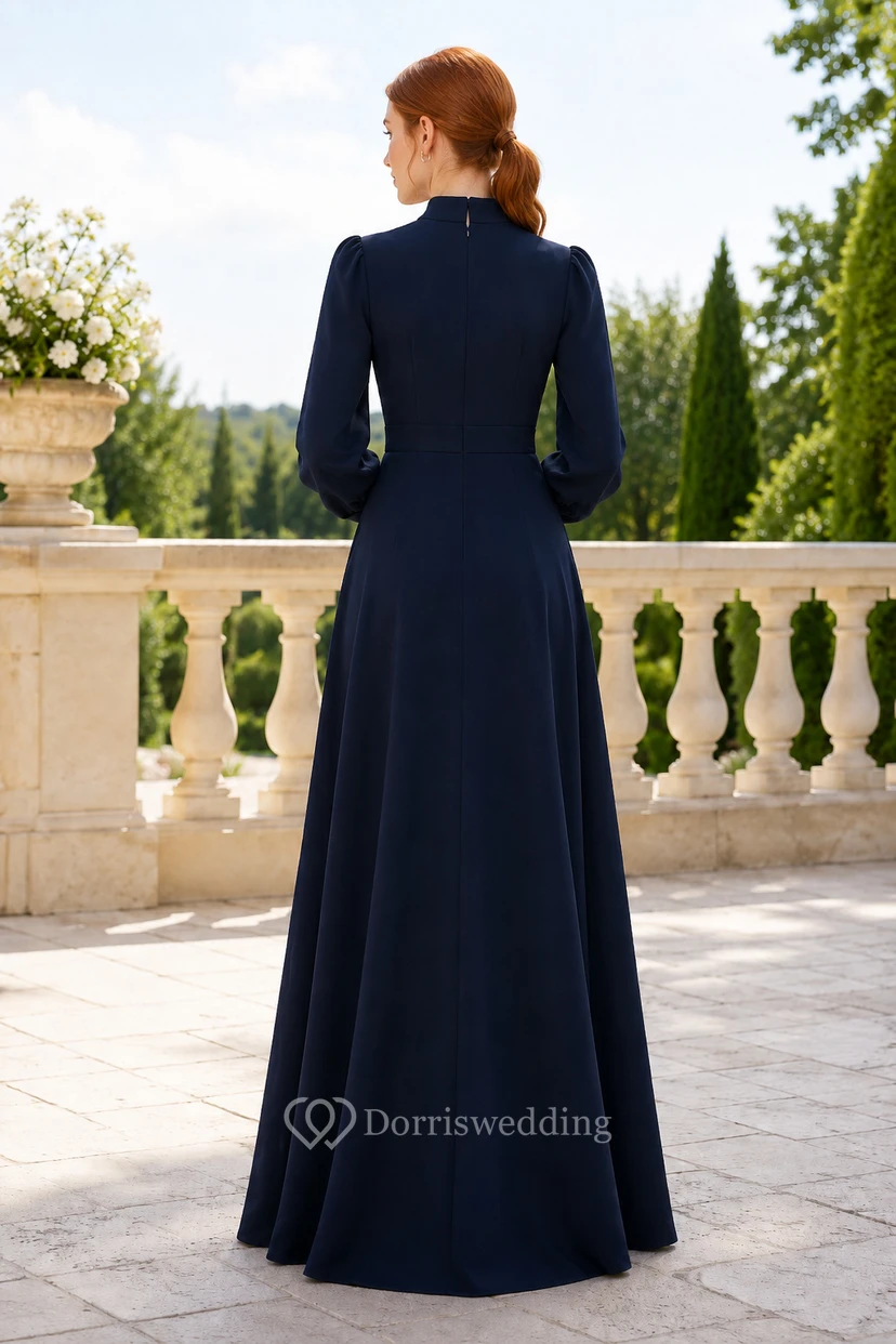 Dark Navy Modest High Neck Long Sleeve A-Line Evening Dress for Mother of the Bride and Wedding Guest Events view 2