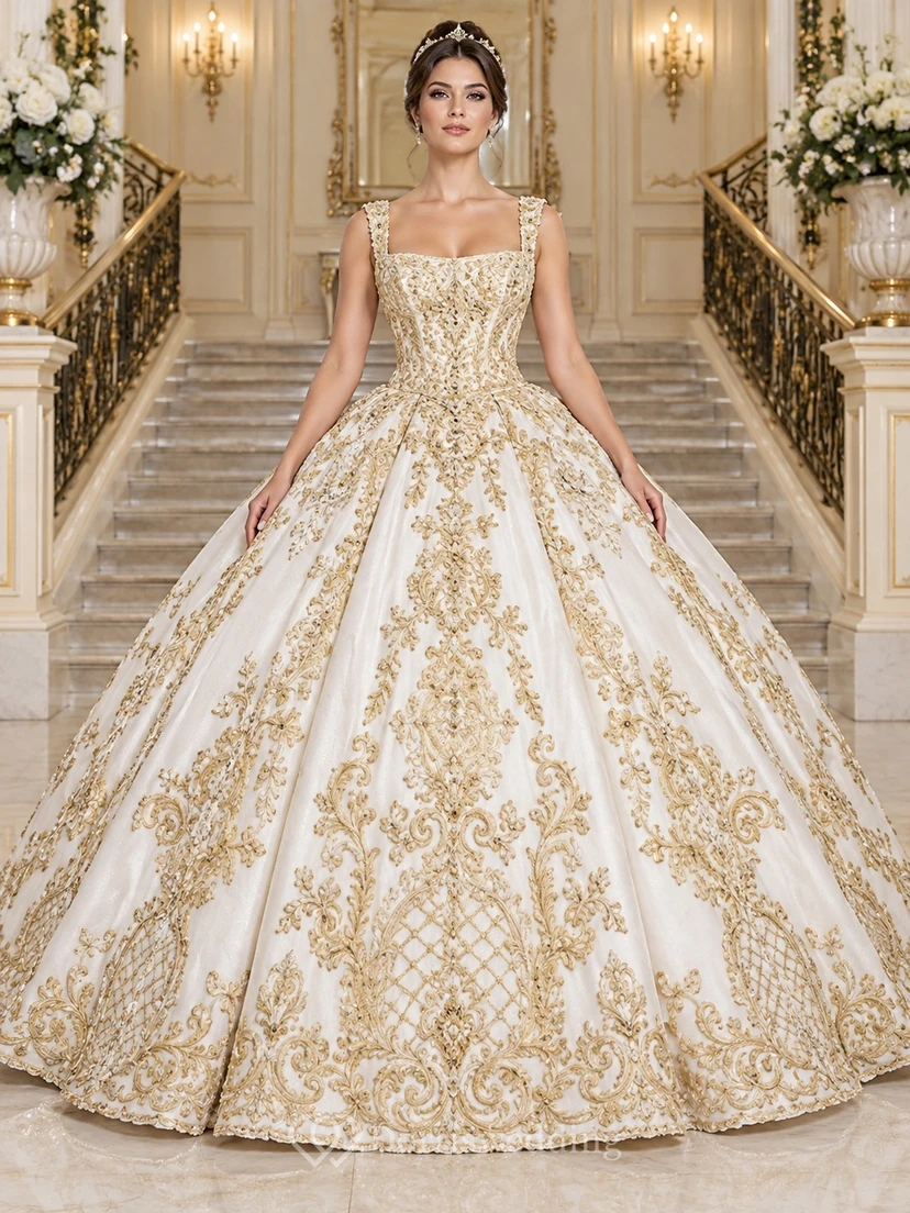 Vestido de novia de gala con escote cuadrado, tirantes bordados en oro y dobladillo con intrincado diseño de celosía.