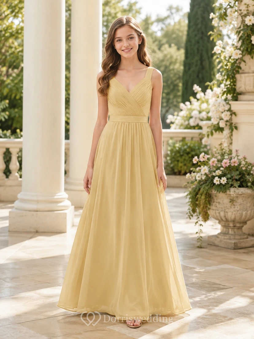 Goldenes Brautjungfernkleid für junge Damen, A-Linie, V-Ausschnitt, ärmellos, gerafft, elegant