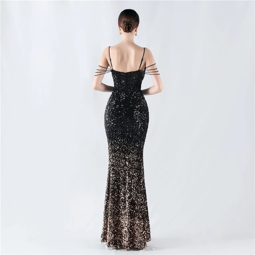 Velvet-Bottom Gradient Sequined Sexy Beaded Suspender Evening Dress view 55