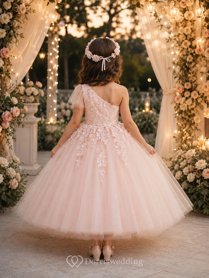 One Shoulder Floral Tulle A-Line Flower Girl Dress with Short Sleeves, Tea-Length Skirt and Floral Applique view 2