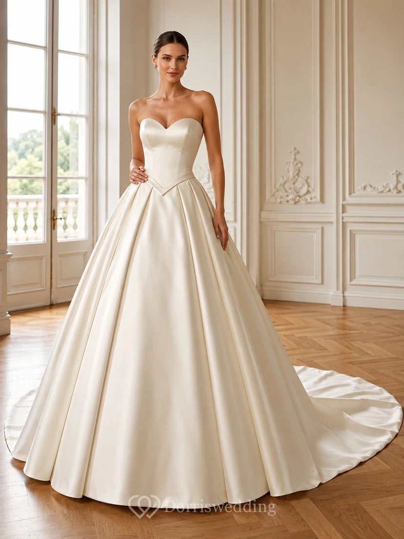 Trägerloses, herzförmiges Ballkleid aus Satin mit schlichter, plissierter Kapellenschleppe