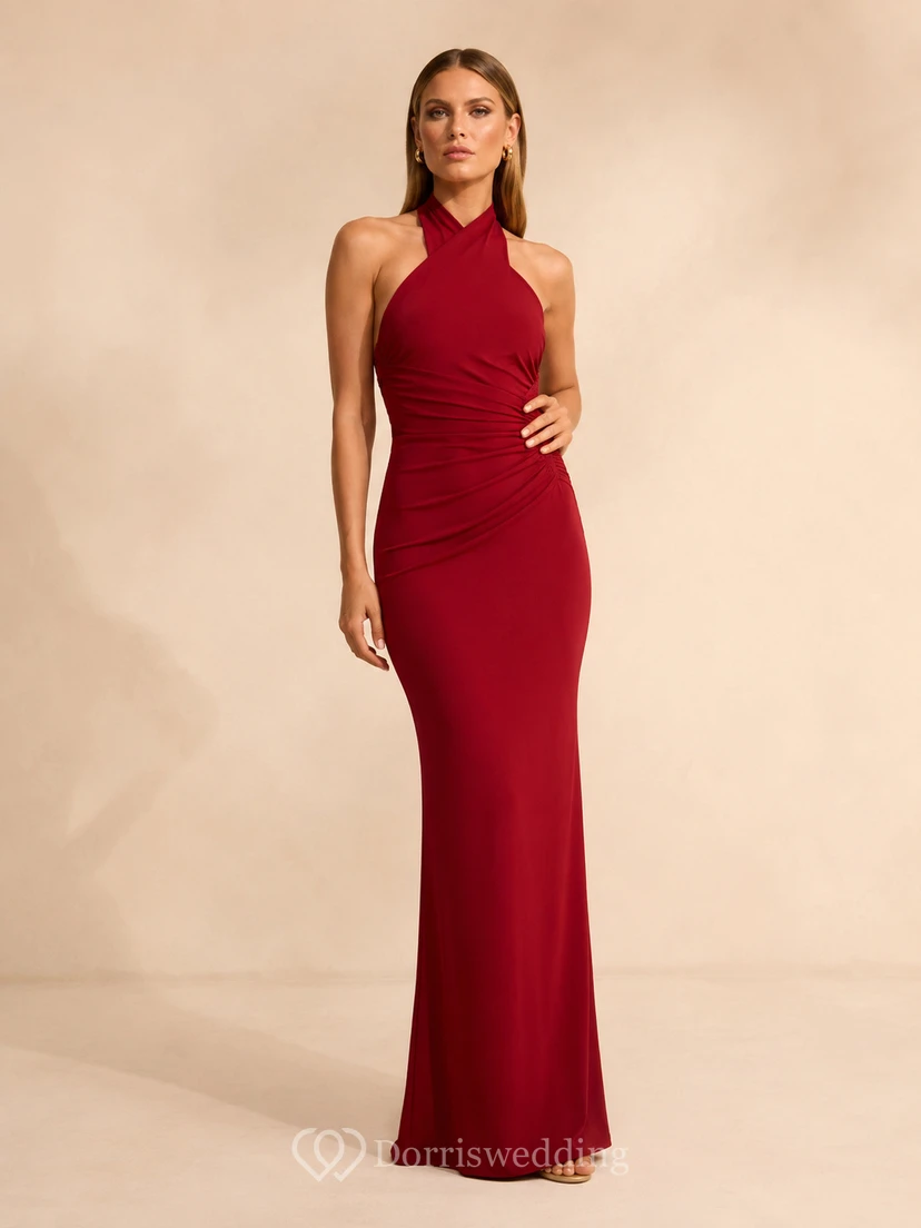 Red Halter Crepe Sheath Evening Dress