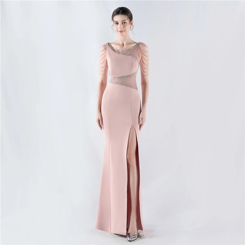 Heavy Hot Diamonds For Transparent Mesh High-Slit Satin Evening Dress Annual Meeting Wedding view 51