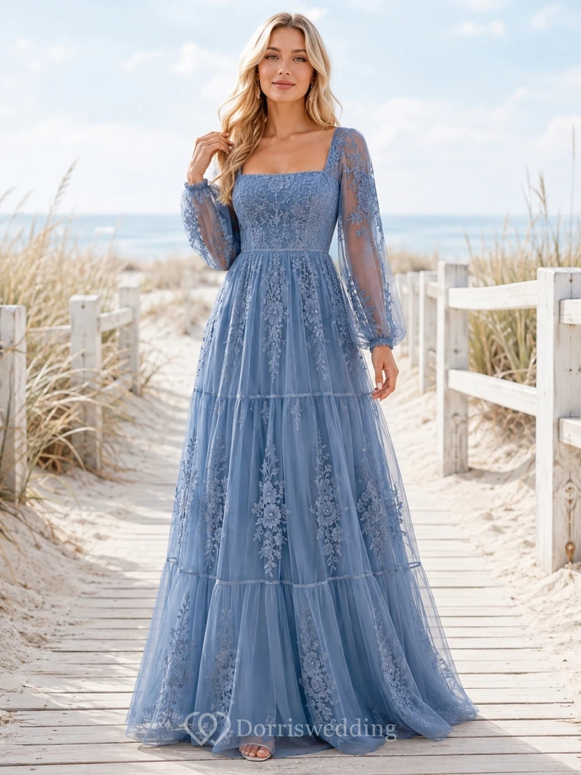 Boho Long Sleeve Square Neck Blue Lace A-Line Floor-Length Gown