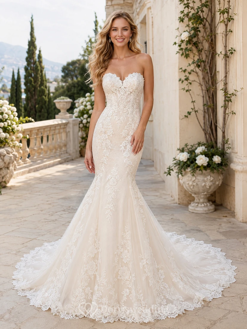 Robe de mariée sirène en tulle ornée de dentelle florale et sans bretelles, décolleté en cœur et traîne cathédrale