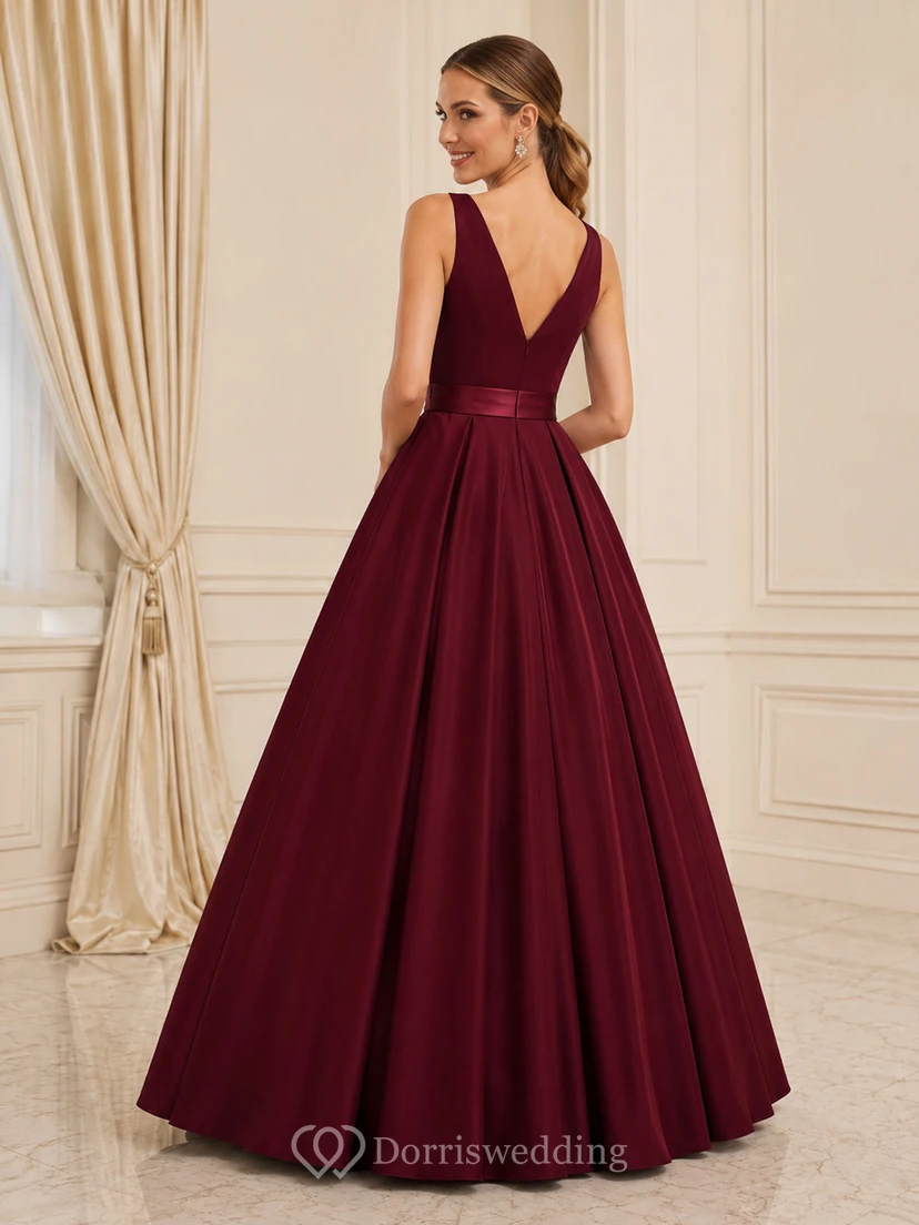 Burgundy Simple Affordable V Neck Strap Satin Sash Quinceanera A-Line Evening Gown view 2