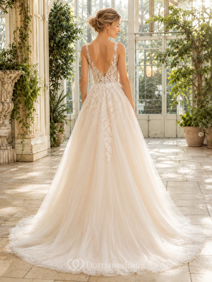 Champagne Plunge V Neck Lace Tulle A Line Wedding Gown view 2