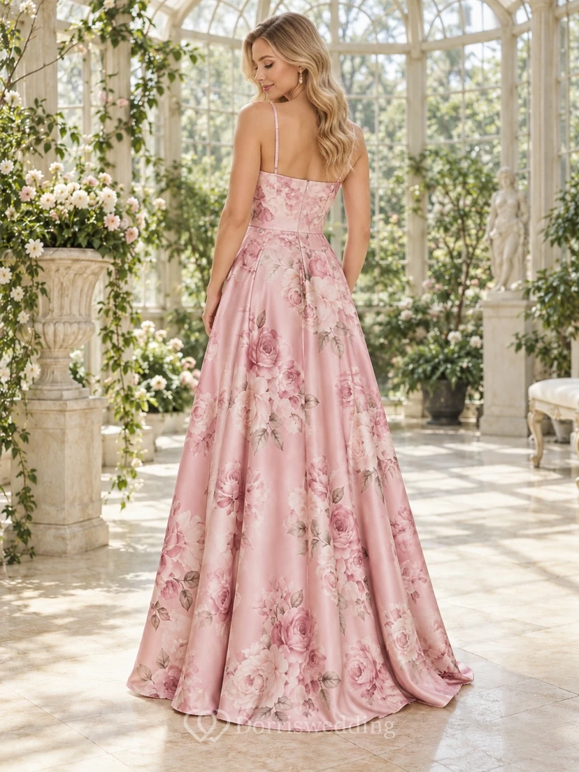 Vestido de dama de honor de satén rosa rubor con estampado floral, escote corazón, tirantes finos, abertura lateral y corte en A, largo hasta el suelo. view 2