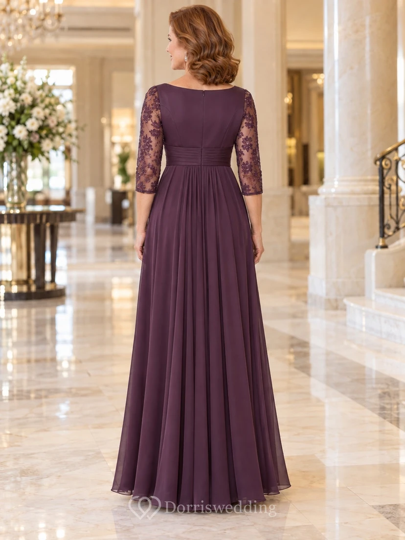Vestido de novia de corte imperio, largo hasta el suelo, con escote barco, encaje y mangas tres cuartos, color ciruela, ideal para la madre de la novia. view 2