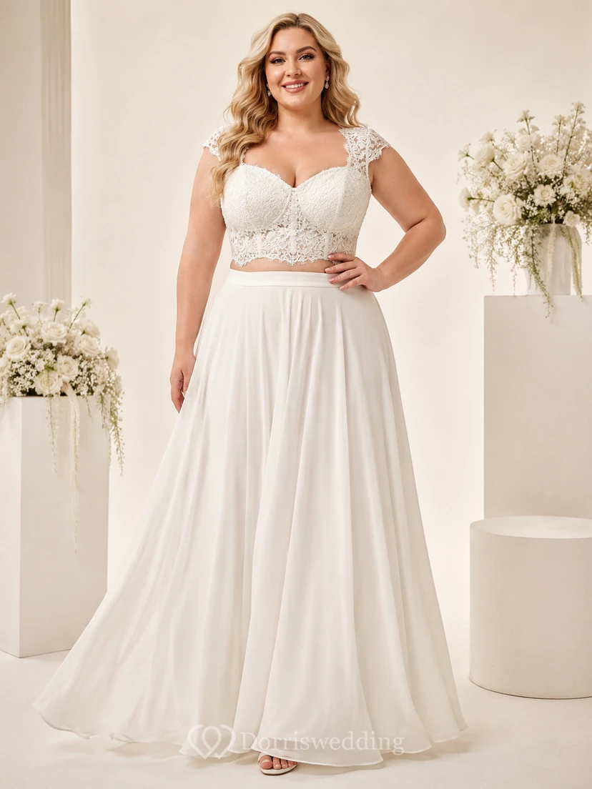 Top corto de gasa con tirantes de encaje de talla grande, conjunto de estudio para novias.