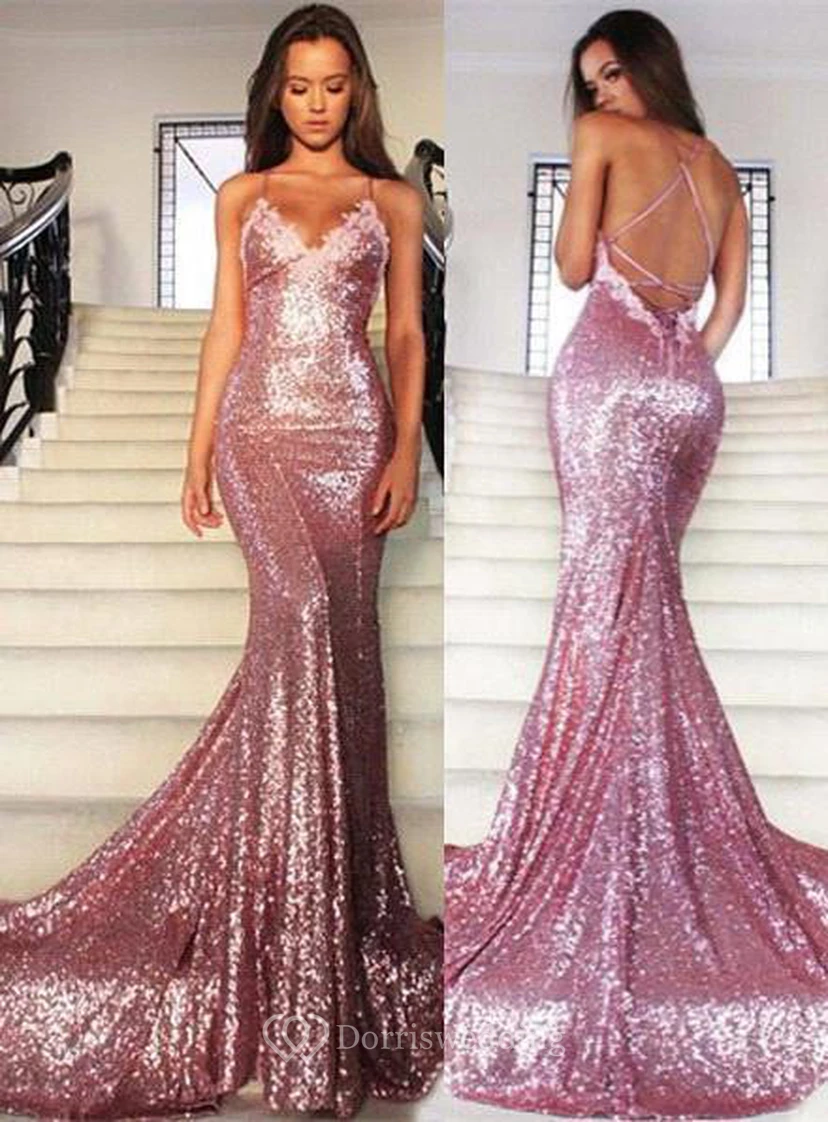 Glamurosos vestidos de fiesta con lentejuelas, escote en V y tirantes finos estilo sirena. view 2